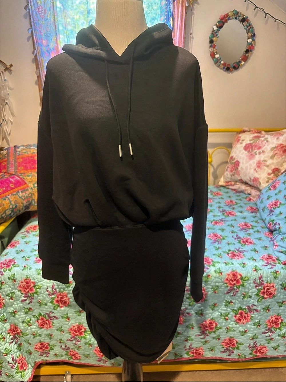 Halara SpacerTek Long Sleeve Ruched Bodycon Mini Casual Hoodie Dress Hoodie